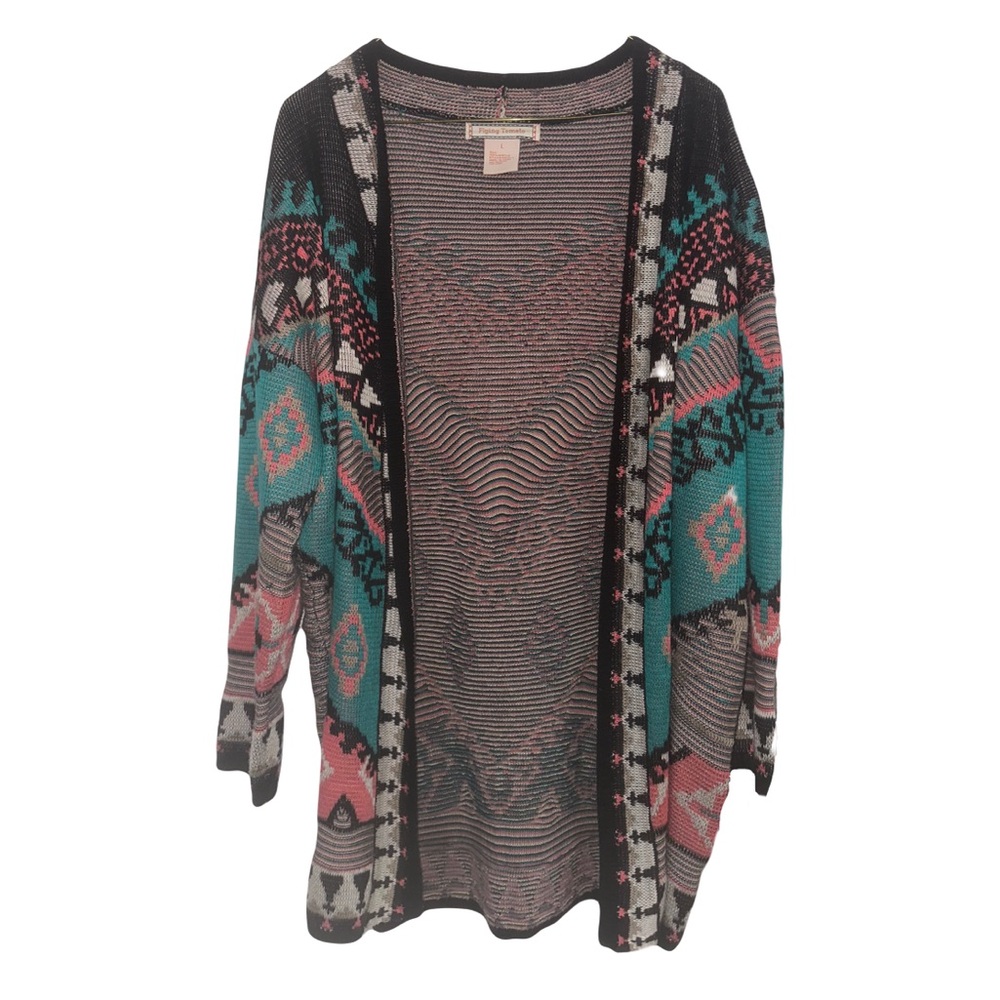 Flying Tomato Womens Cardigan (Size: Large) Green-Coral Black Boho Open